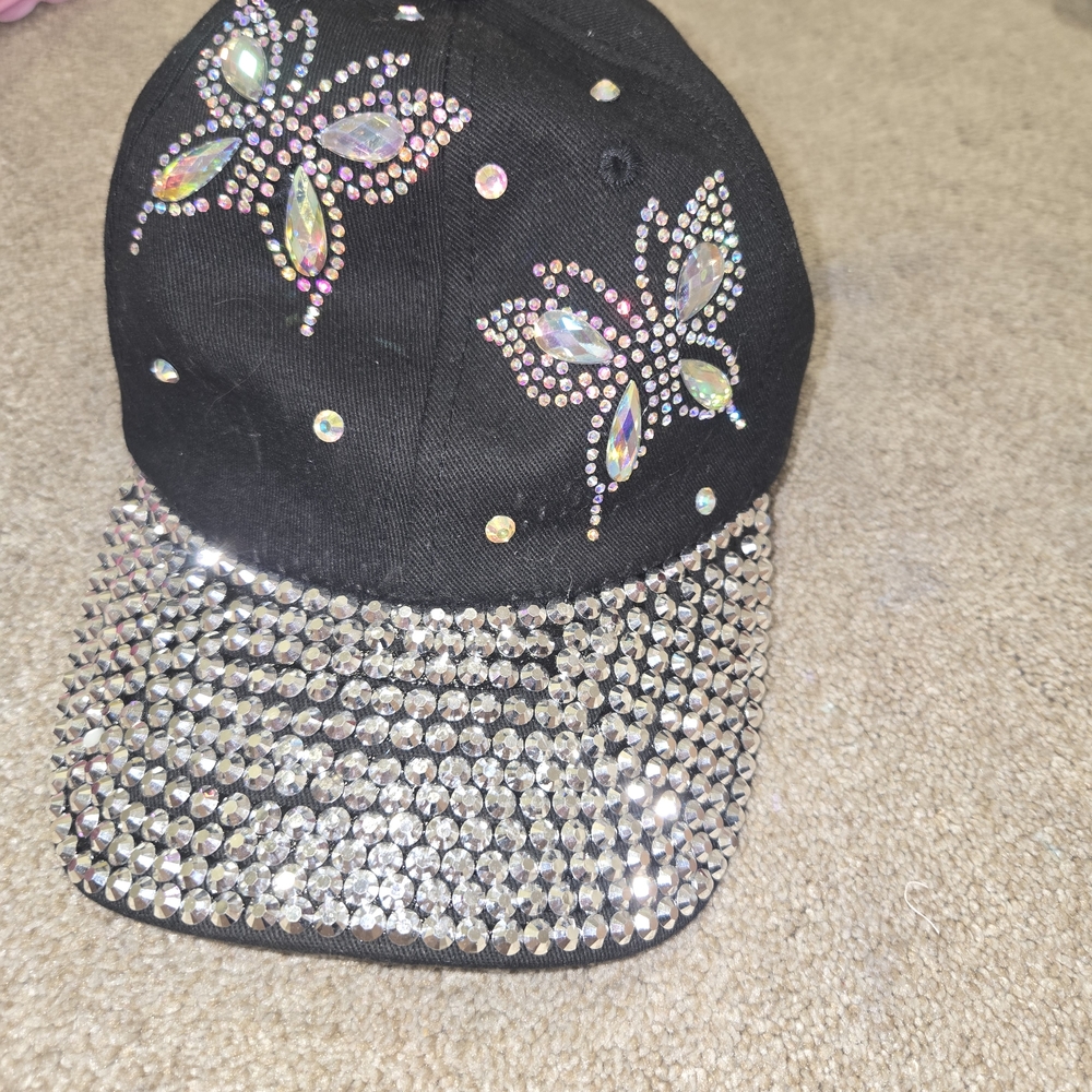 Rhinestone Butterfly Black Cap Y2k